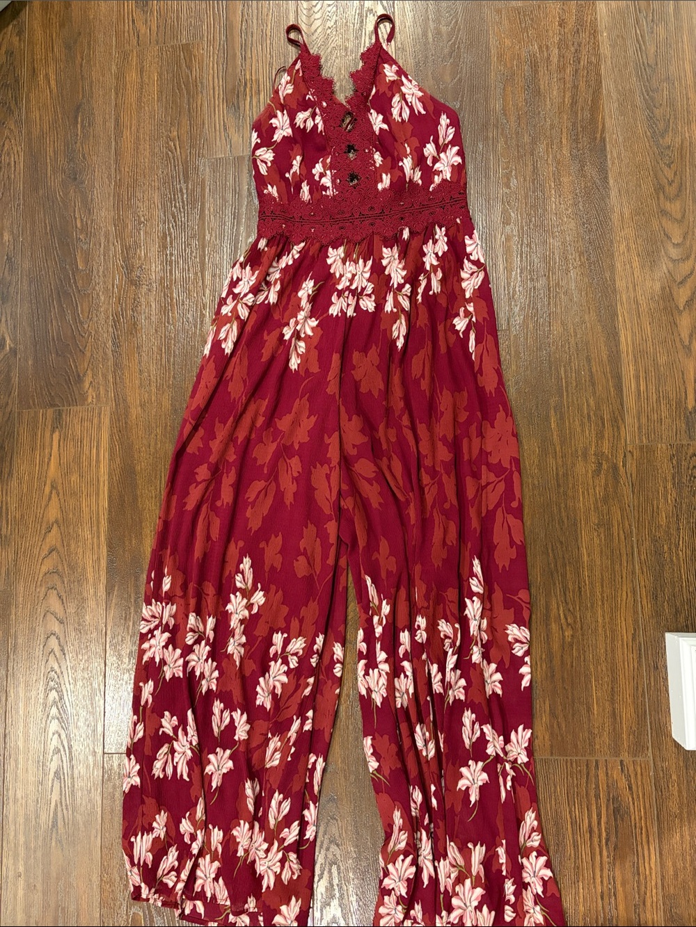 EUC Floral Lace-Trim Red Wide-Leg Jumpsuit